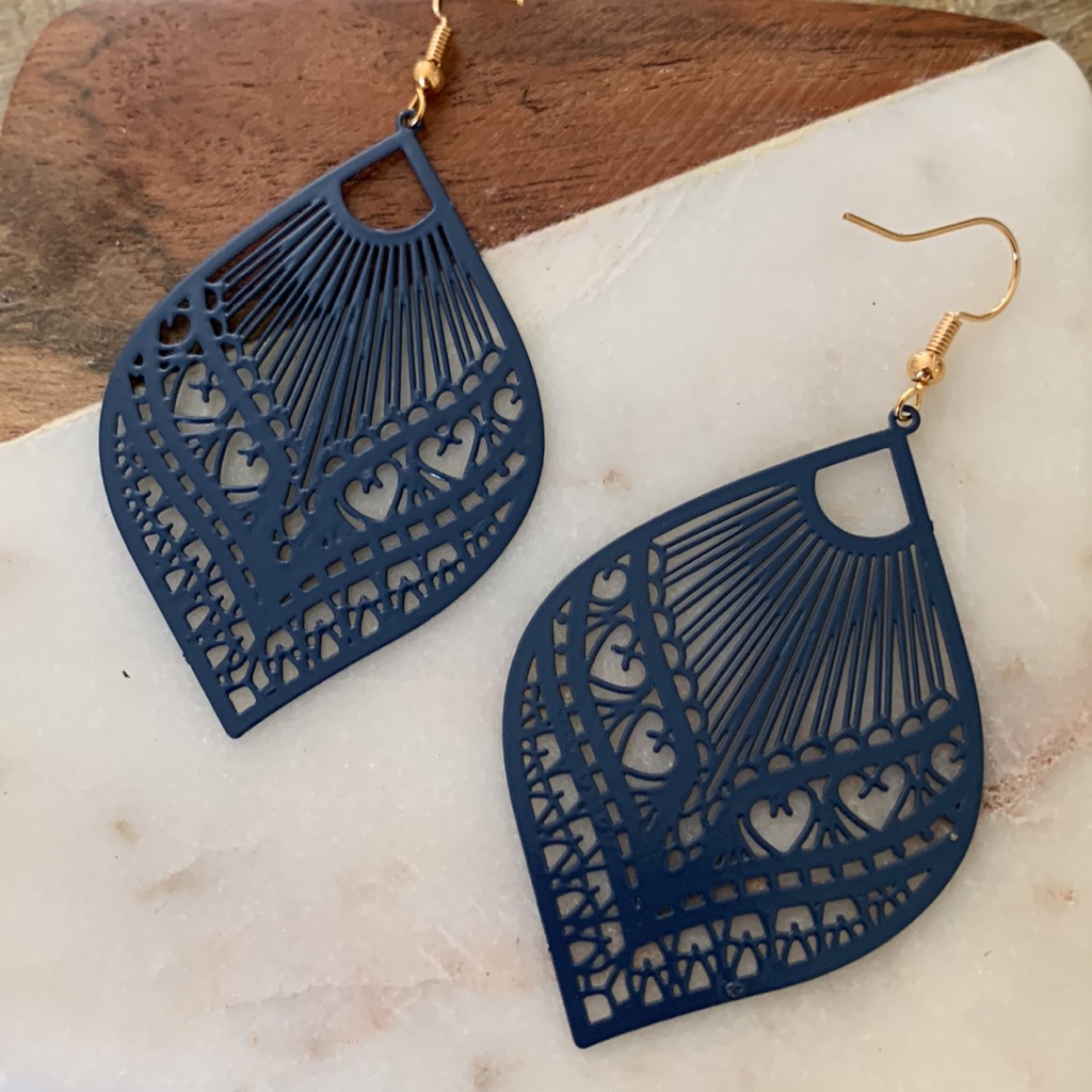 Navy Filigree Drop Earrings